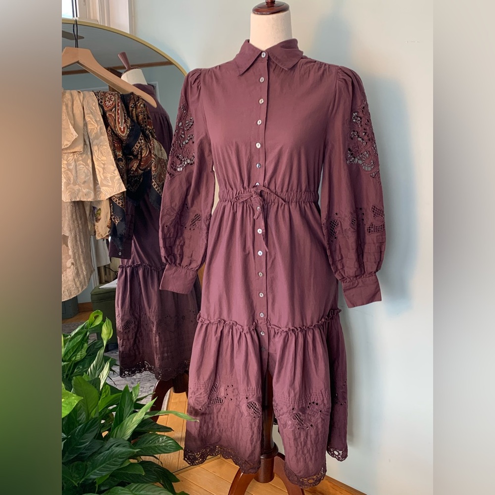 St. Roche Darcy Shirtdress Raisin Organic Cotton MIDI Pockets Cottagecore Dress - Picture 3 of 16